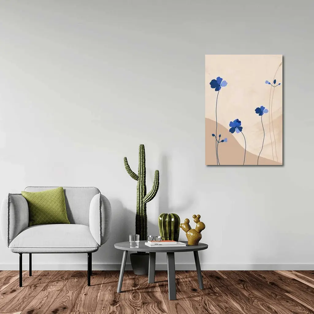 Blue Wildflowers on Beige Abstract Background – Wall Art
