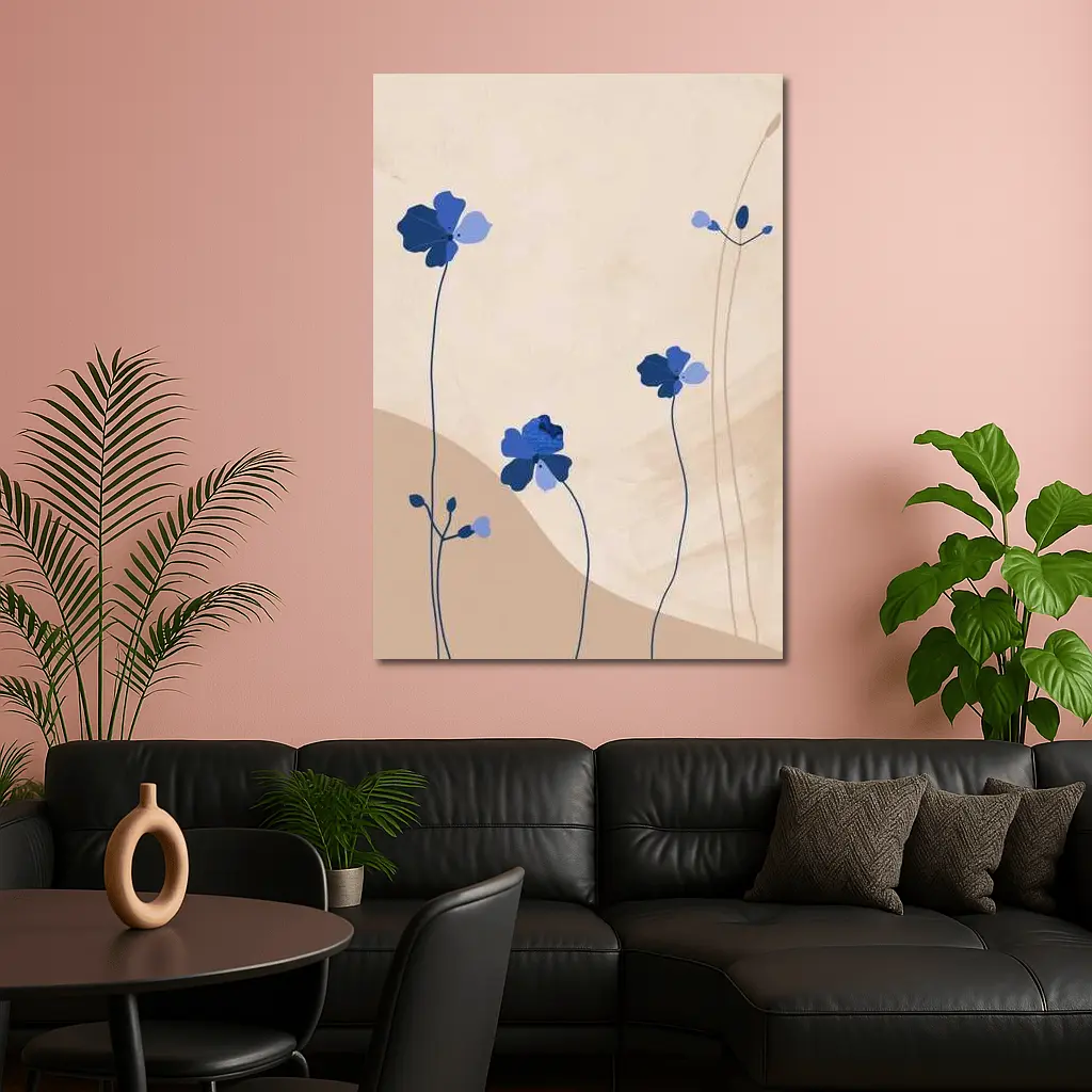 Blue Wildflowers on Beige Abstract Background – Wall Art