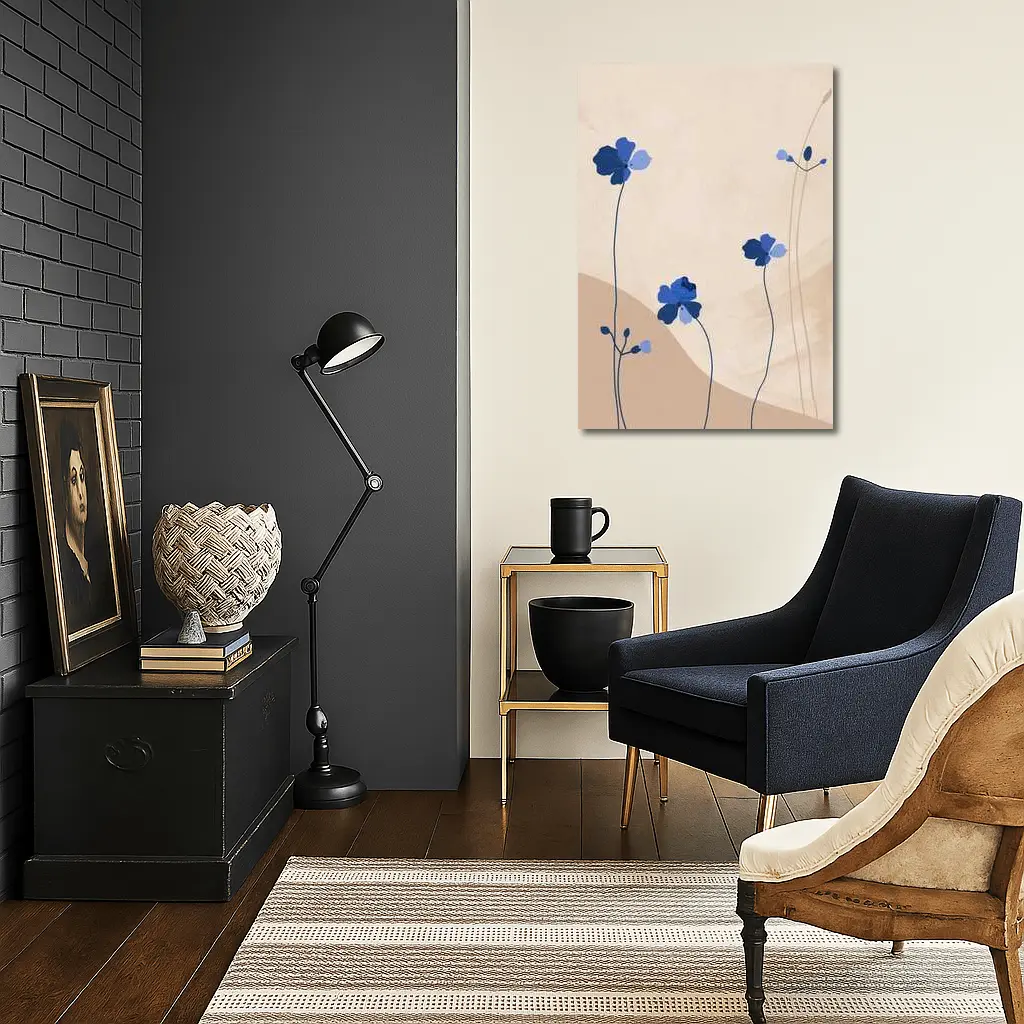Blue Wildflowers on Beige Abstract Background – Wall Art