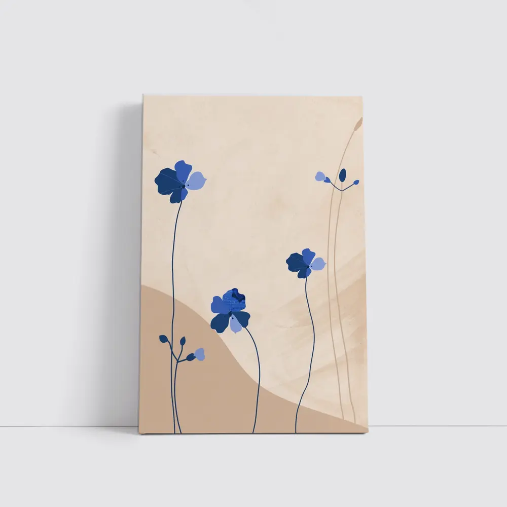 Blue Wildflowers on Beige Abstract Background – Wall Art