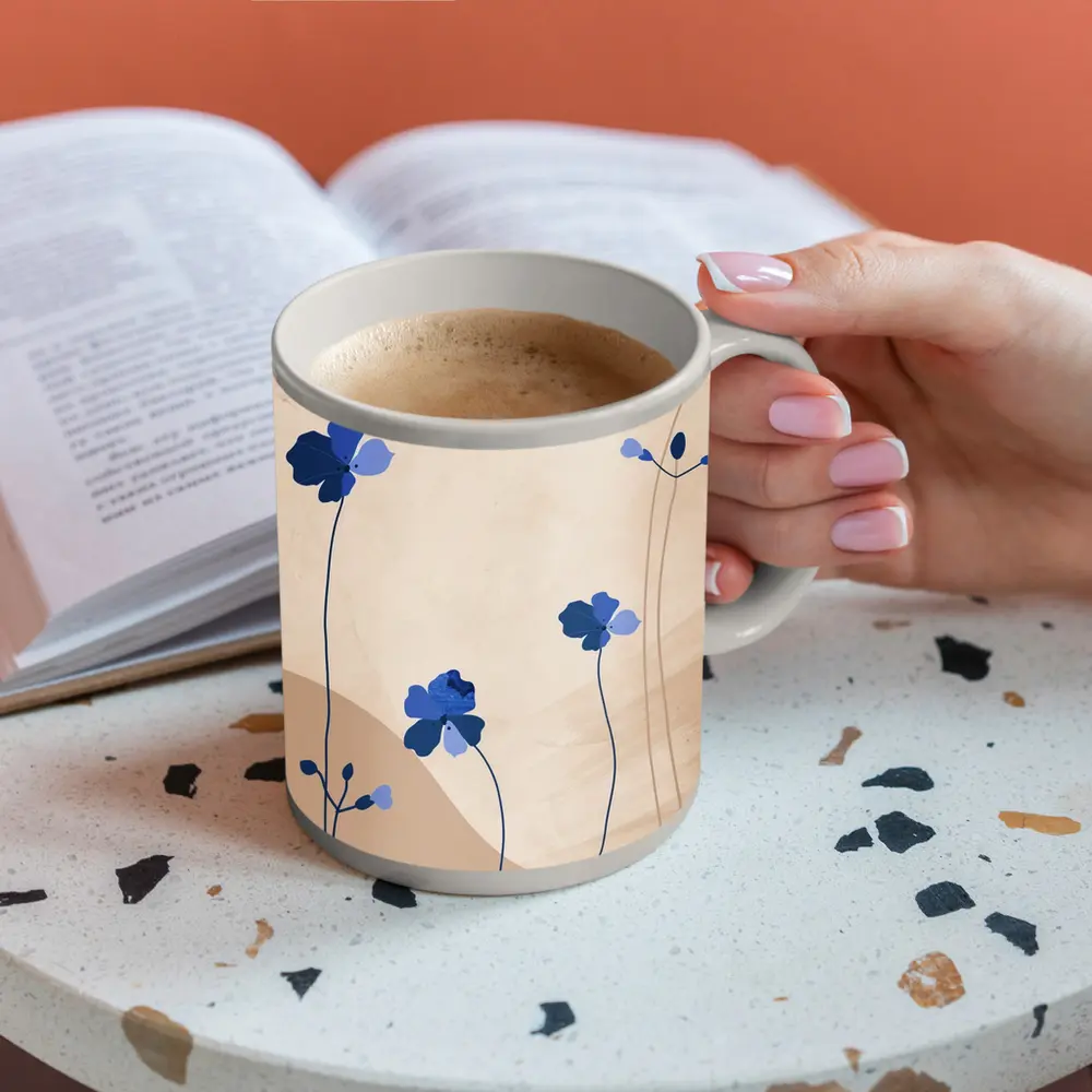 Blue Wildflowers on Beige Abstract Background – Mugs