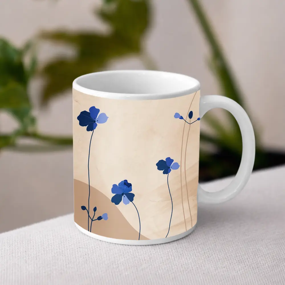 Blue Wildflowers on Beige Abstract Background – Mugs