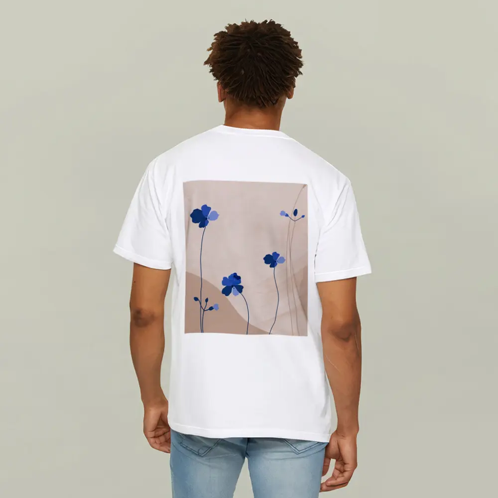 Blue Wildflowers on Beige Abstract Background – T-Shirts