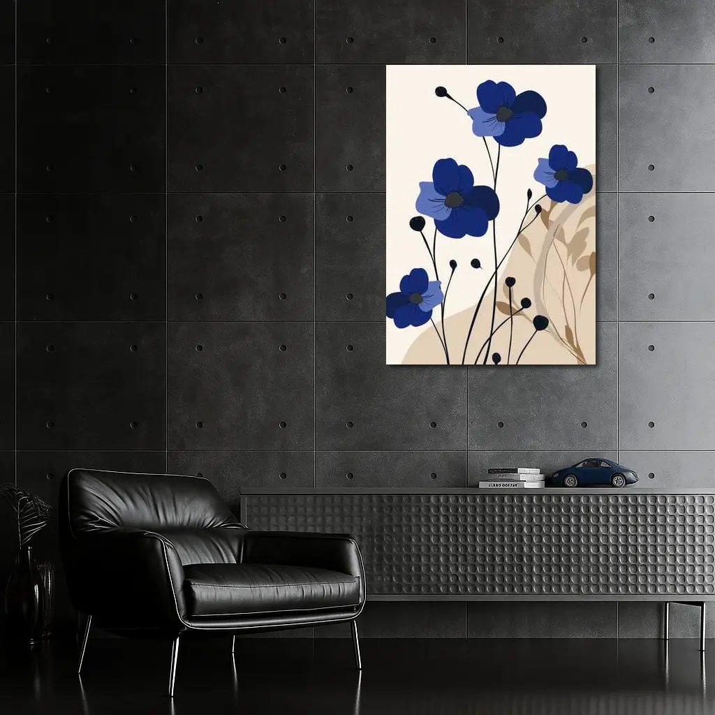 Blue Anemone Flowers Minimalist Botanical Art – Wall Art