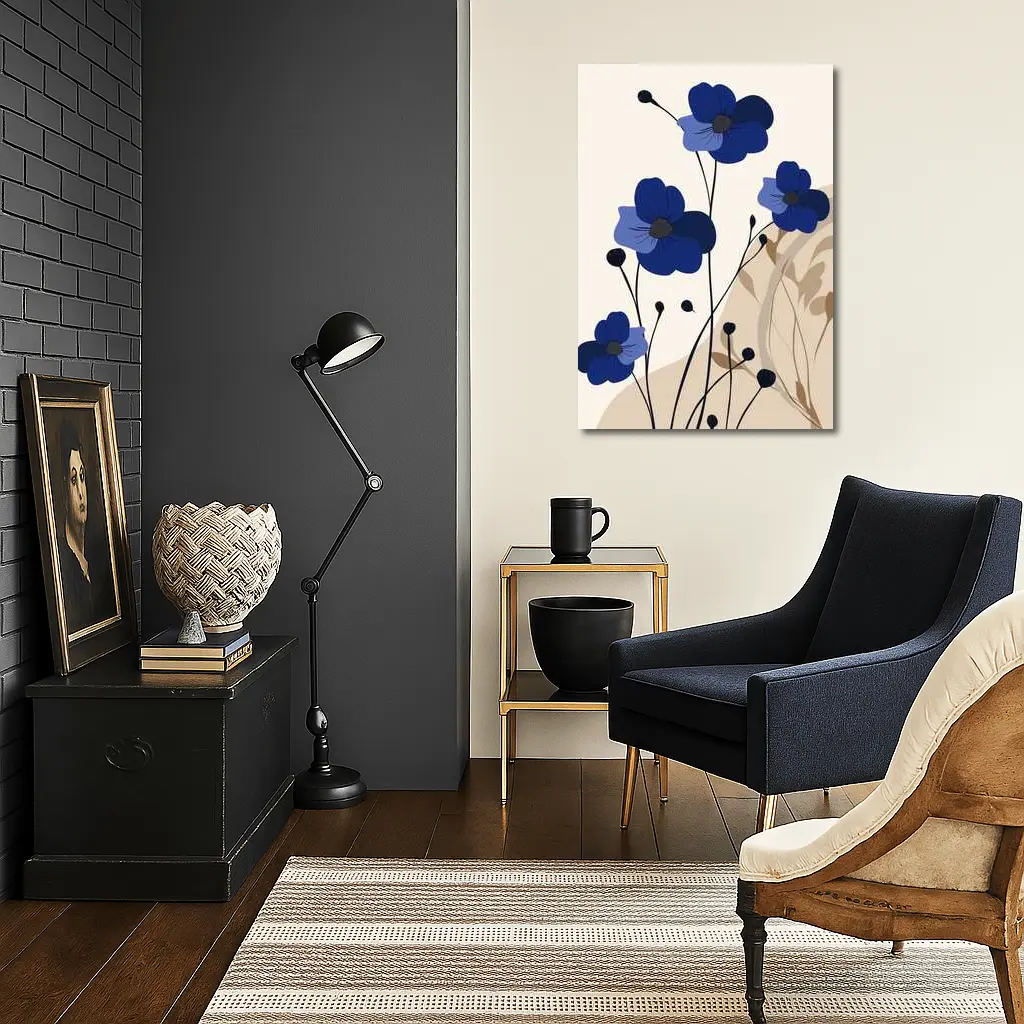 Blue Anemone Flowers Minimalist Botanical Art – Wall Art