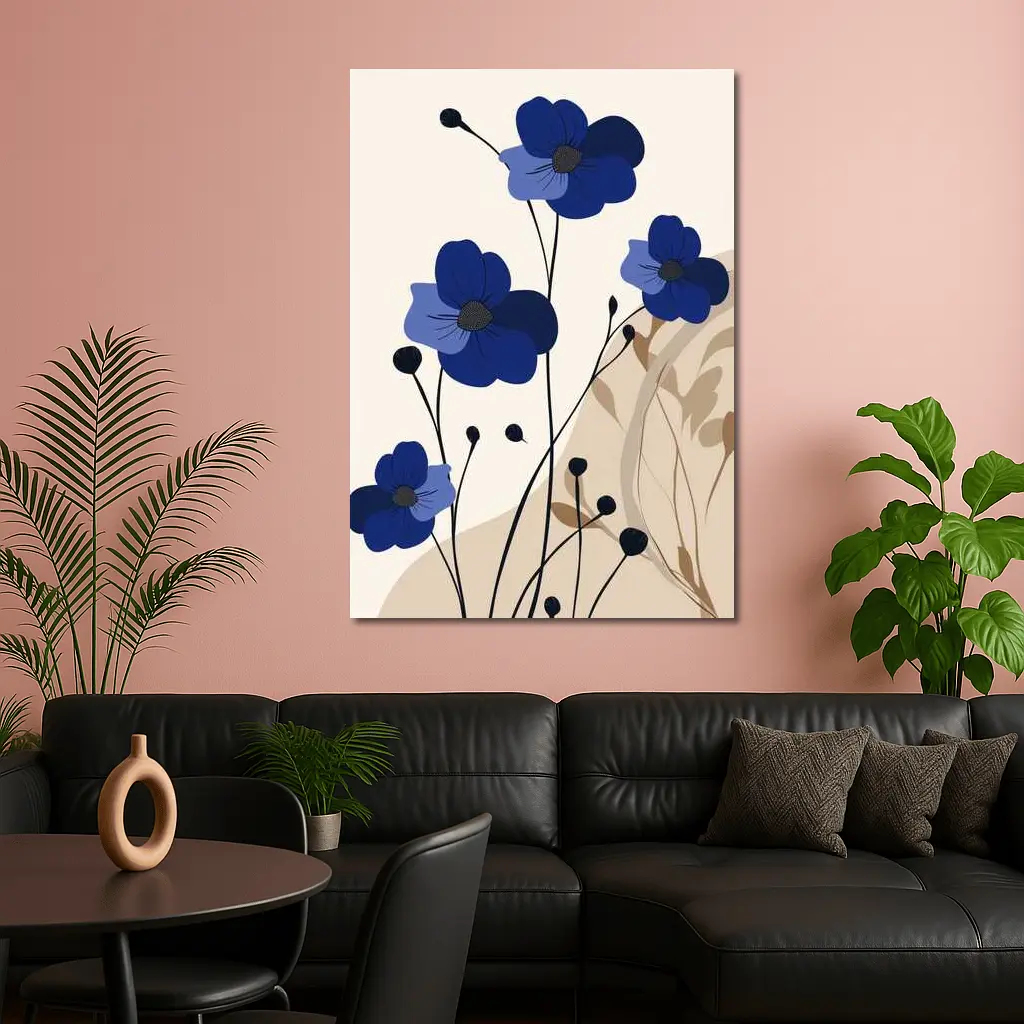 Blue Anemone Flowers Minimalist Botanical Art – Wall Art