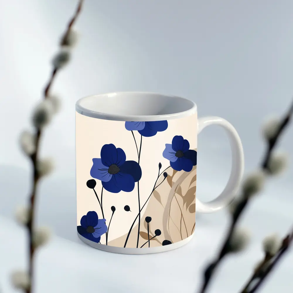 Blue Anemone Flowers Minimalist Botanical Art – Mugs