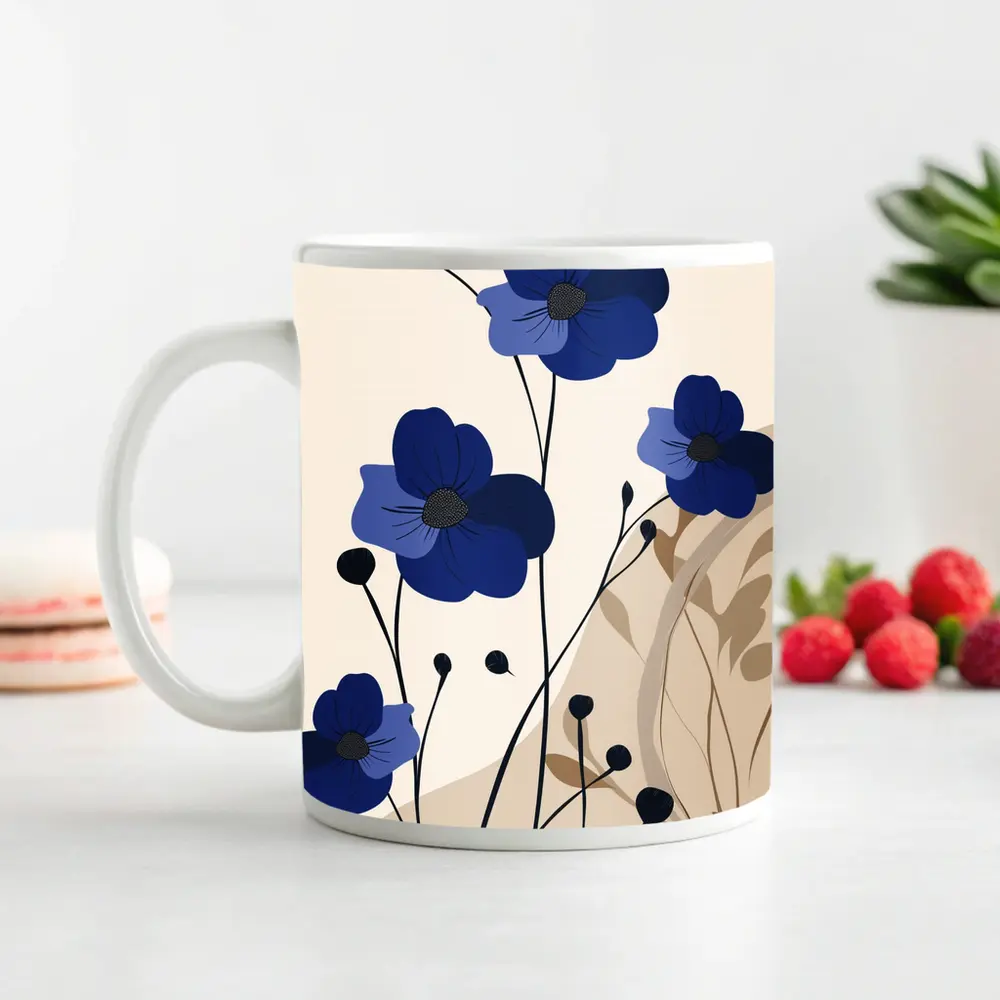 Blue Anemone Flowers Minimalist Botanical Art – Mugs