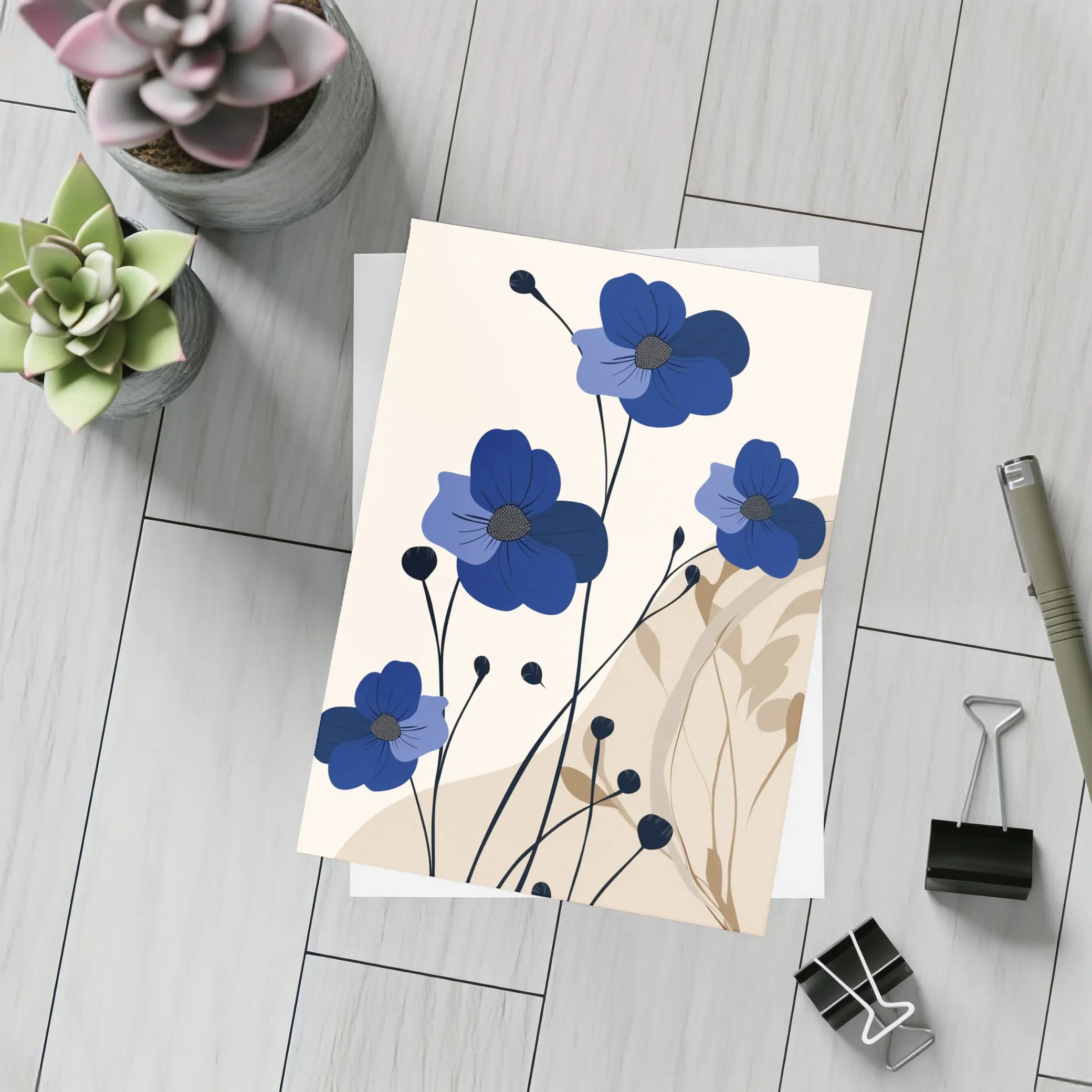 Blue Anemone Flowers Minimalist Botanical Art – Postcards