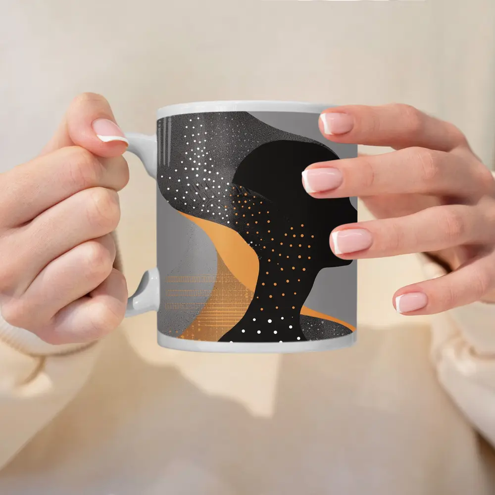 Black Female Silhouette Abstract Gray Background Art – Mugs
