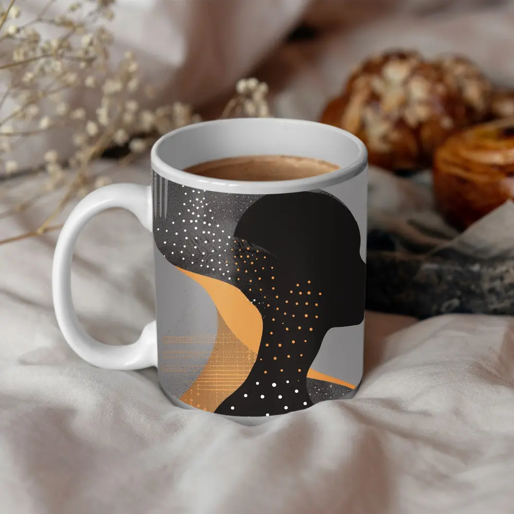 Black Female Silhouette Abstract Gray Background Art – Mugs