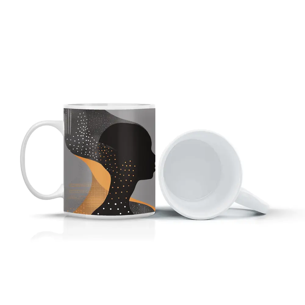 Black Female Silhouette Abstract Gray Background Art – Mugs