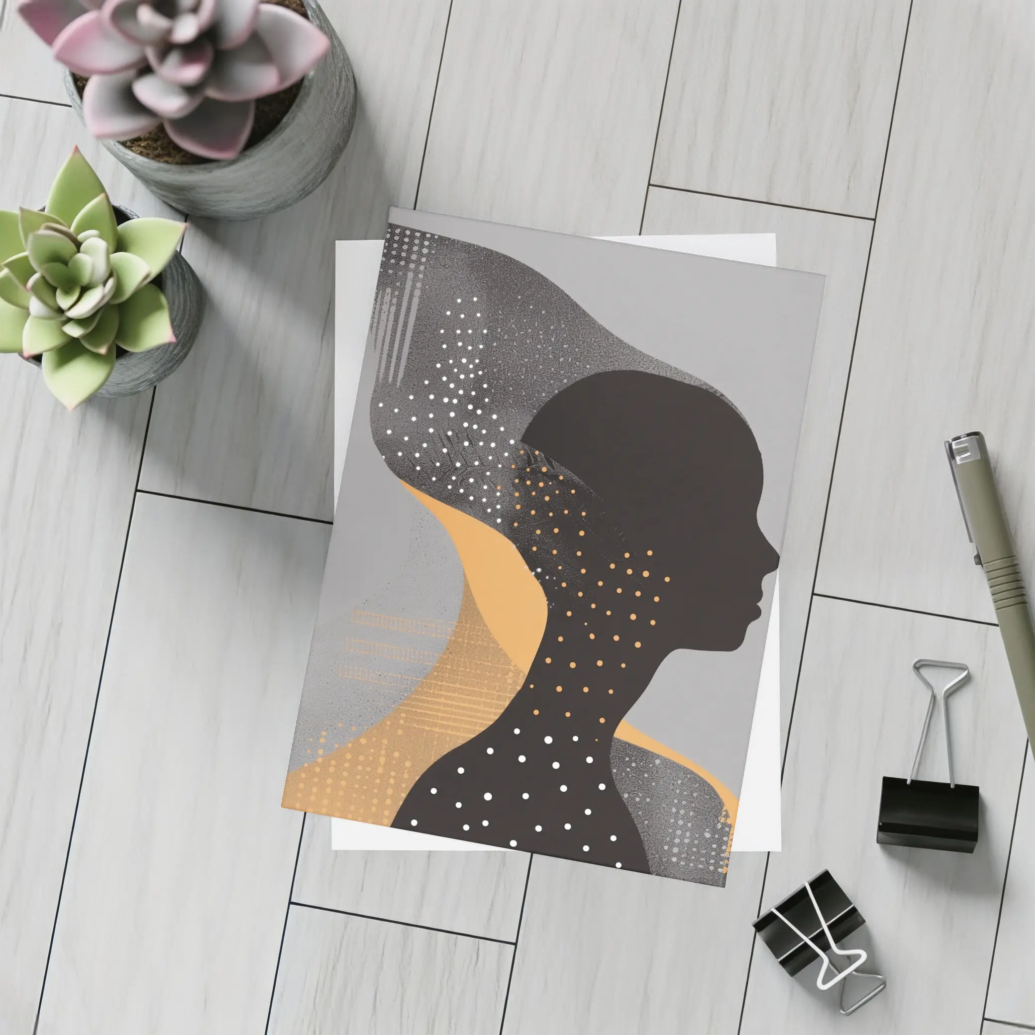 Black Female Silhouette Abstract Gray Background Art – Postcards