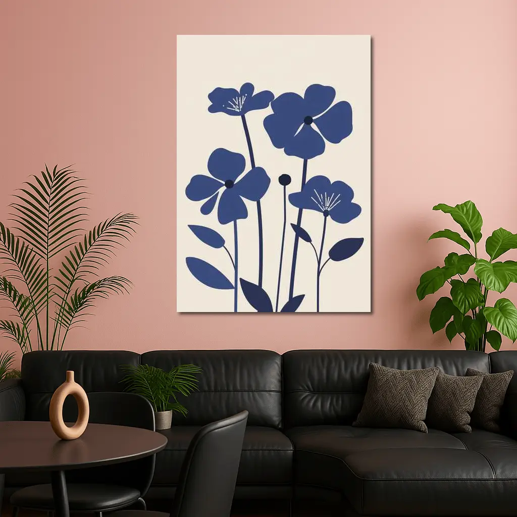 Blue Wildflowers Flat Design Beige Background – Wall Art