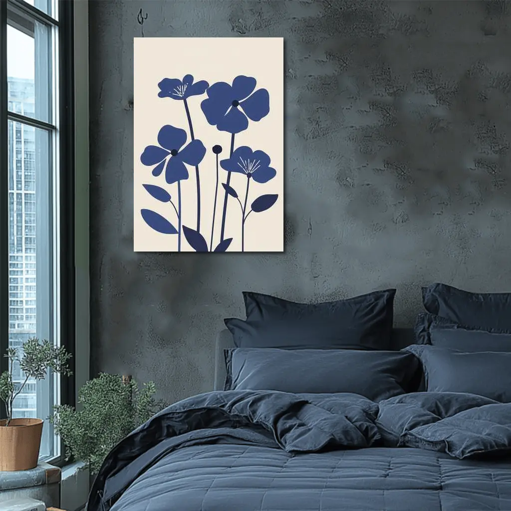 Blue Wildflowers Flat Design Beige Background – Wall Art