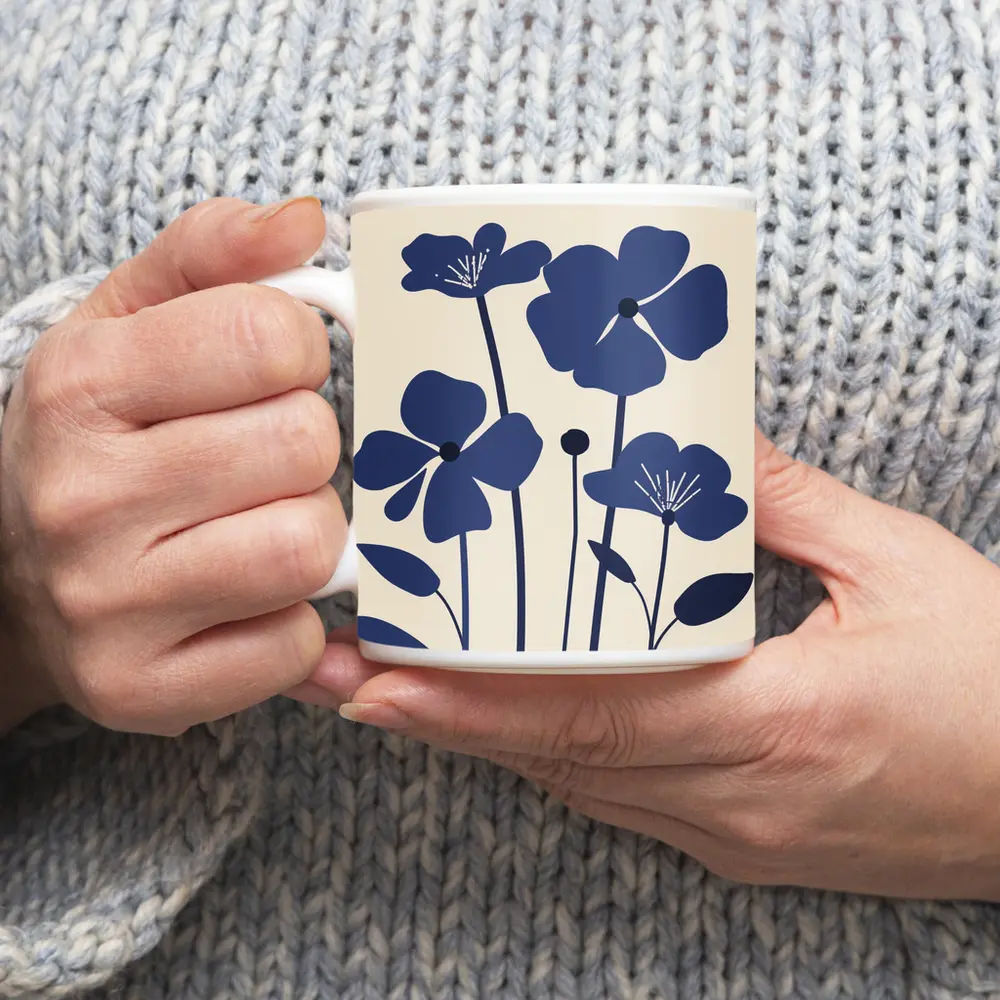 Blue Wildflowers Flat Design Beige Background – Mugs