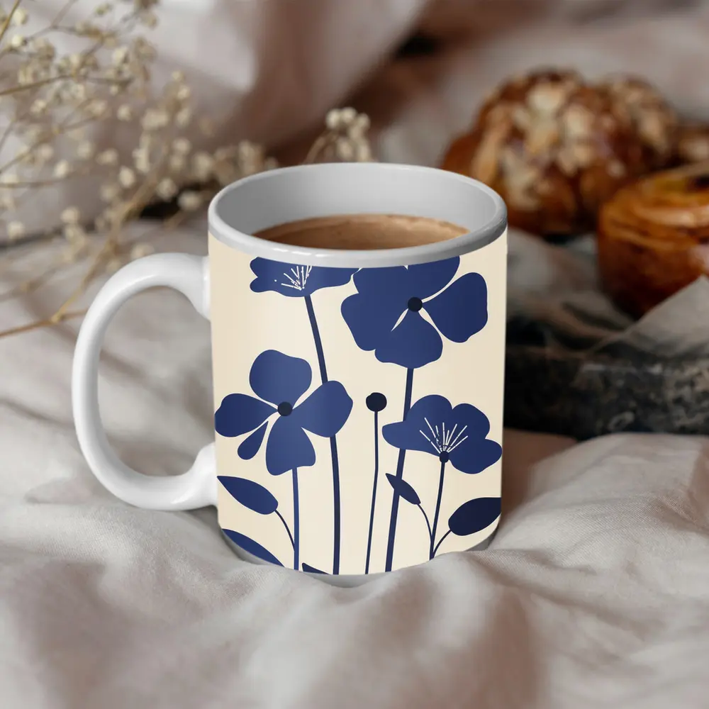 Blue Wildflowers Flat Design Beige Background – Mugs