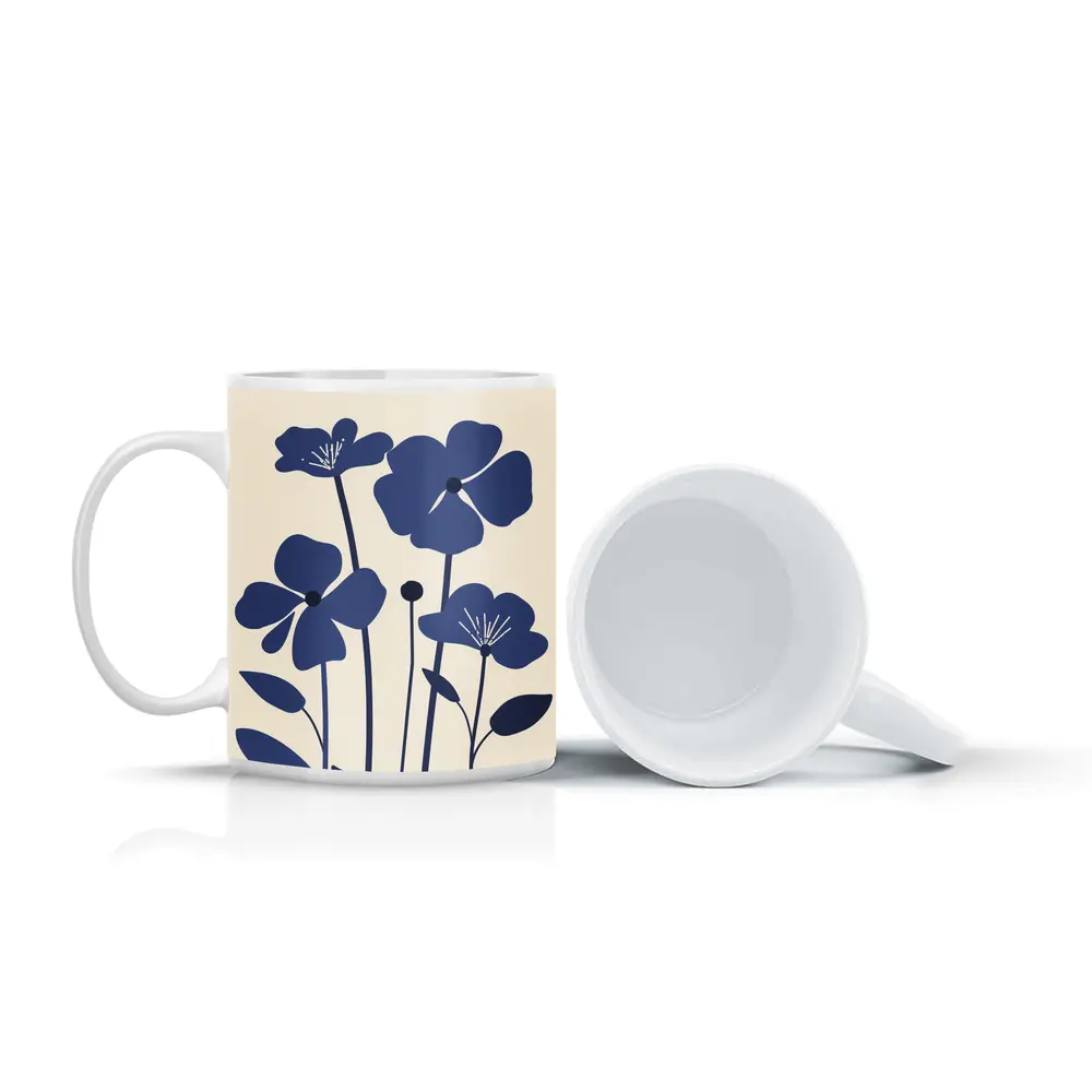 Blue Wildflowers Flat Design Beige Background – Mugs