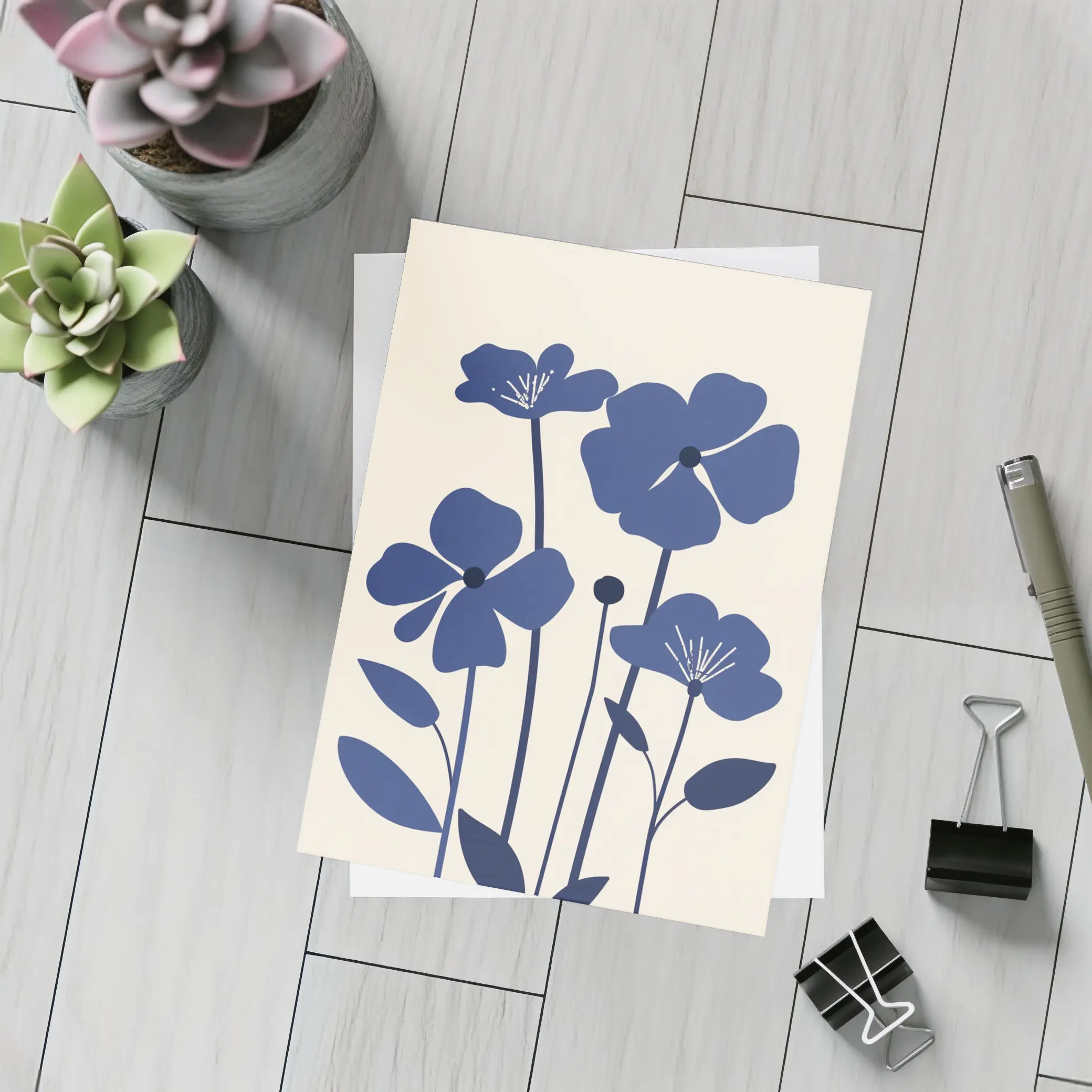 Blue Wildflowers Flat Design Beige Background – Postcards