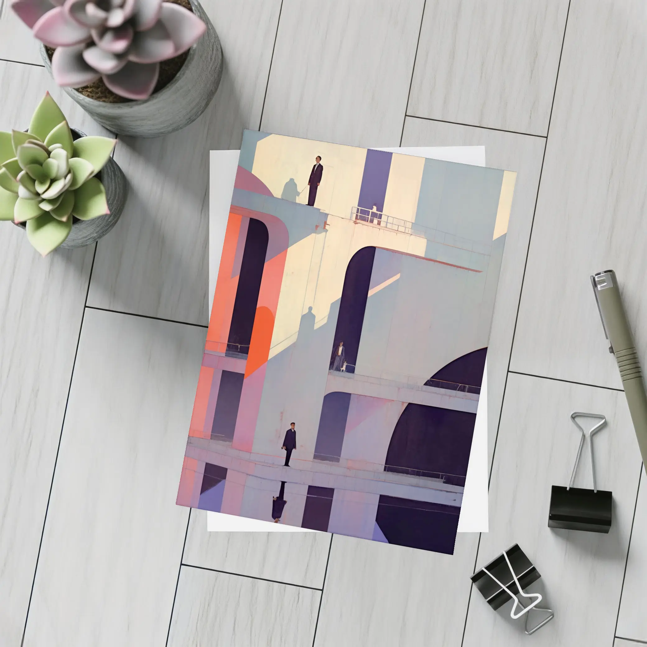 Geometric Brutalist Architecture Figures Pastel Art – Postcards