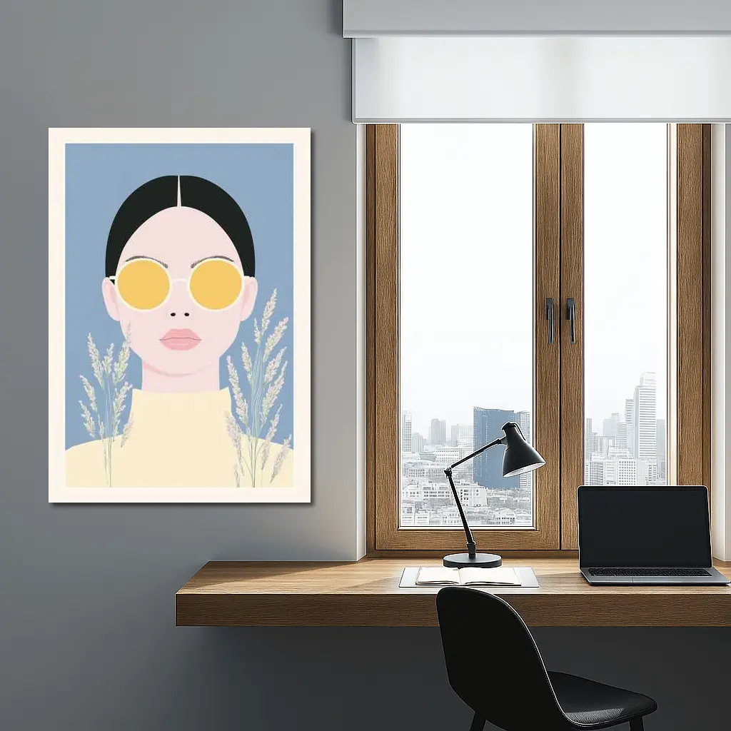 Minimalist Woman Portrait Yellow Sunglasses Blue Background – Wall Art