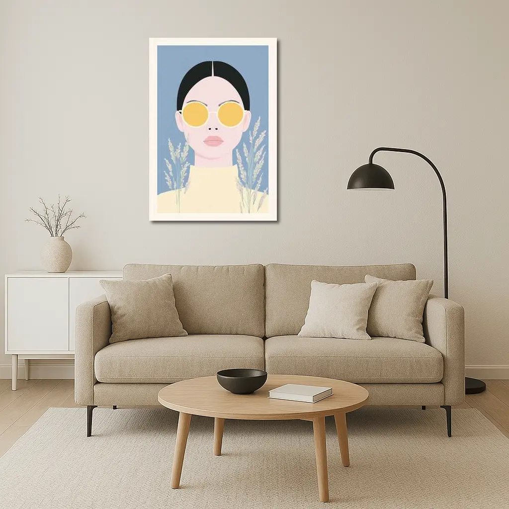 Minimalist Woman Portrait Yellow Sunglasses Blue Background – Wall Art