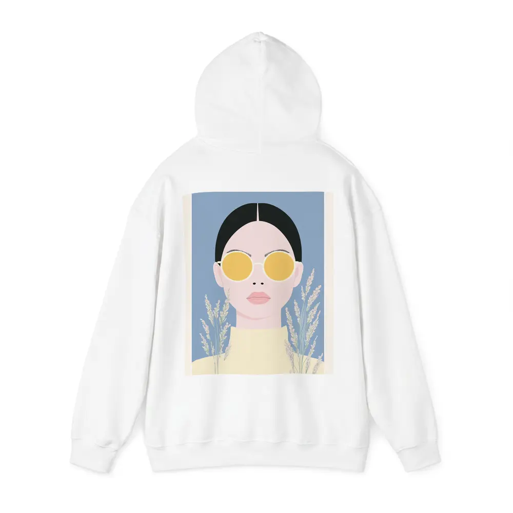 Minimalist Woman Portrait Yellow Sunglasses Blue Background – Hoodies
