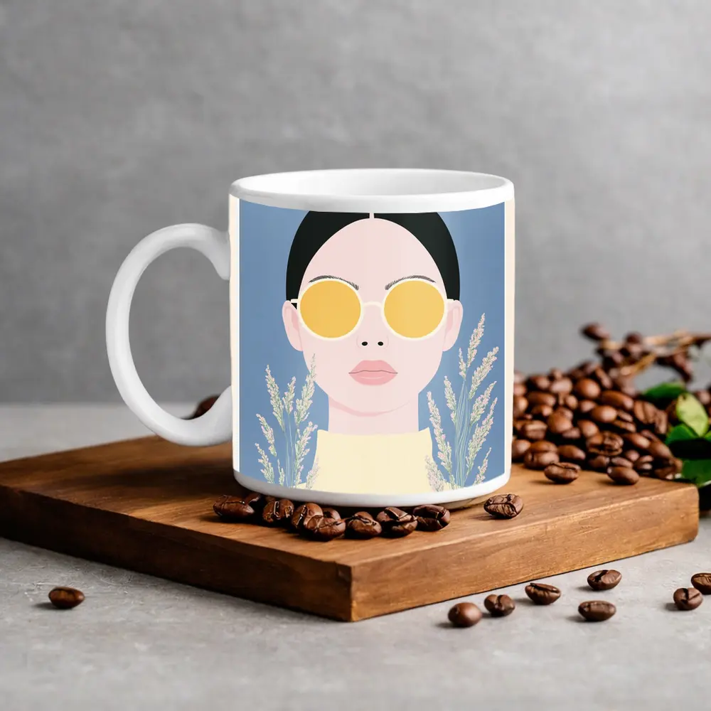 Minimalist Woman Portrait Yellow Sunglasses Blue Background – Mugs