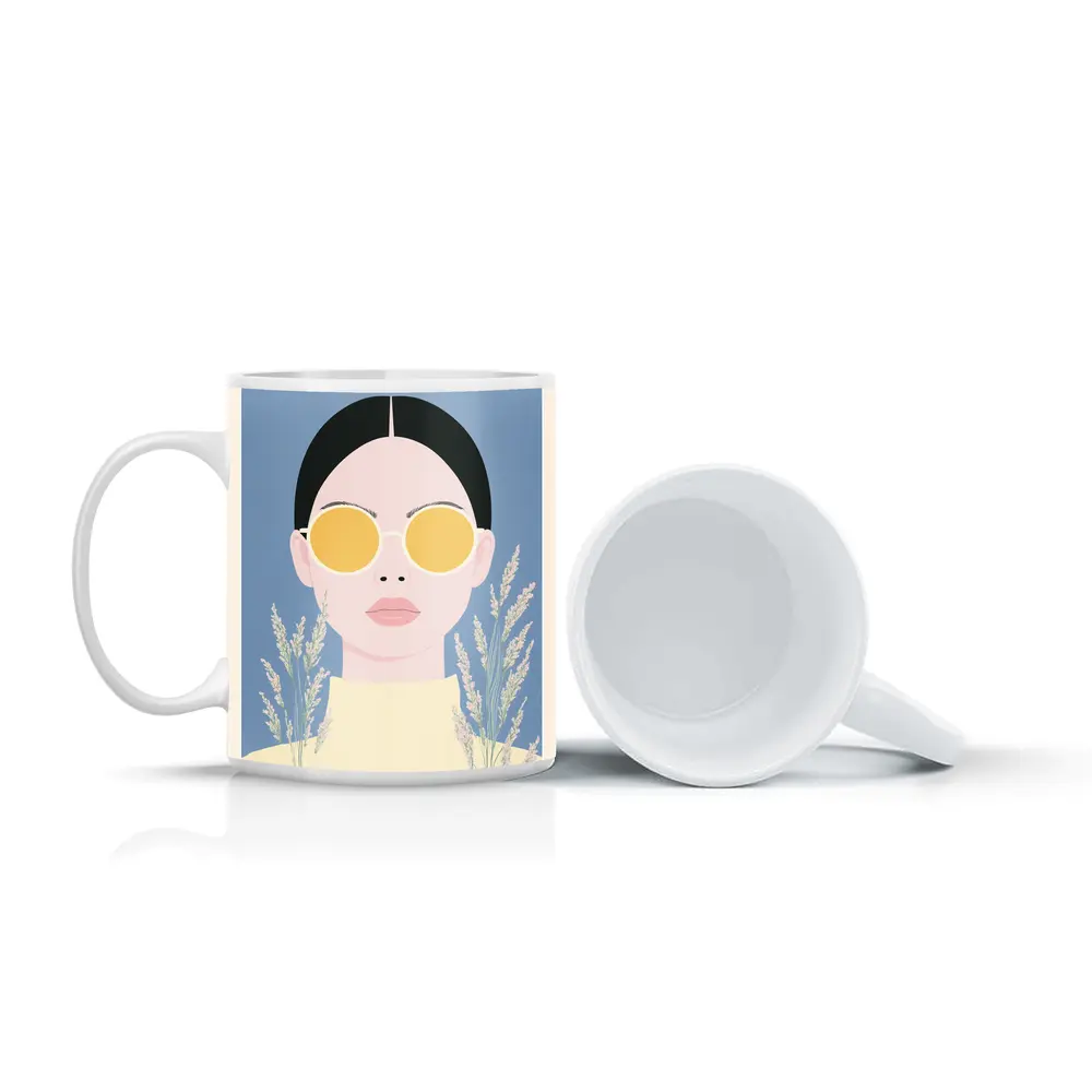 Minimalist Woman Portrait Yellow Sunglasses Blue Background – Mugs