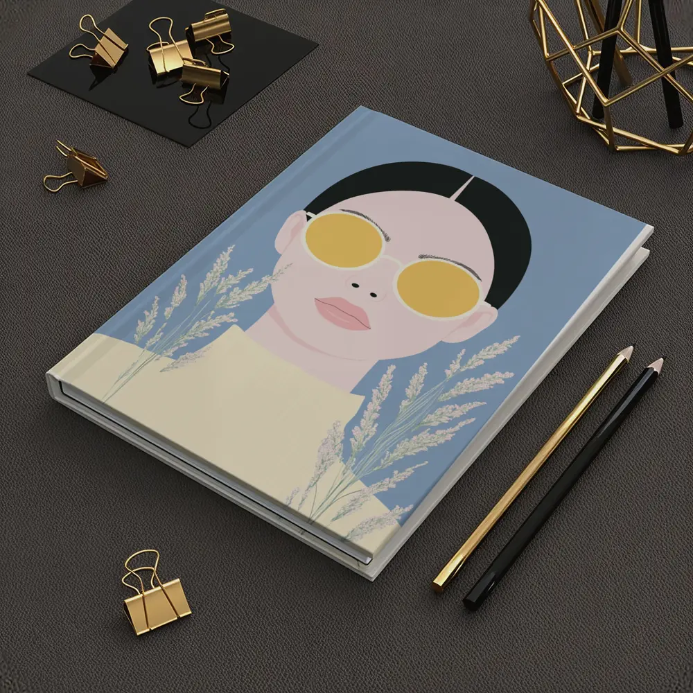 Minimalist Woman Portrait Yellow Sunglasses Blue Background – Notebooks