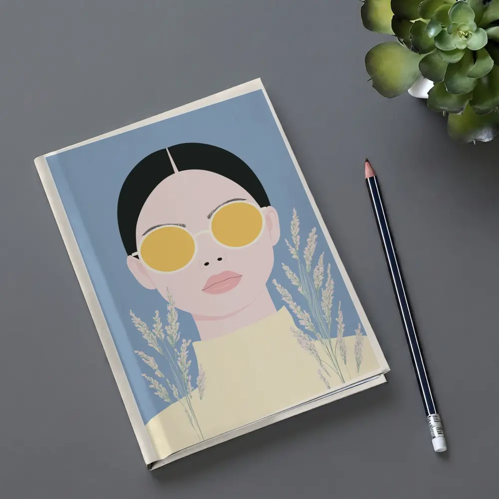 Minimalist Woman Portrait Yellow Sunglasses Blue Background – Notebooks