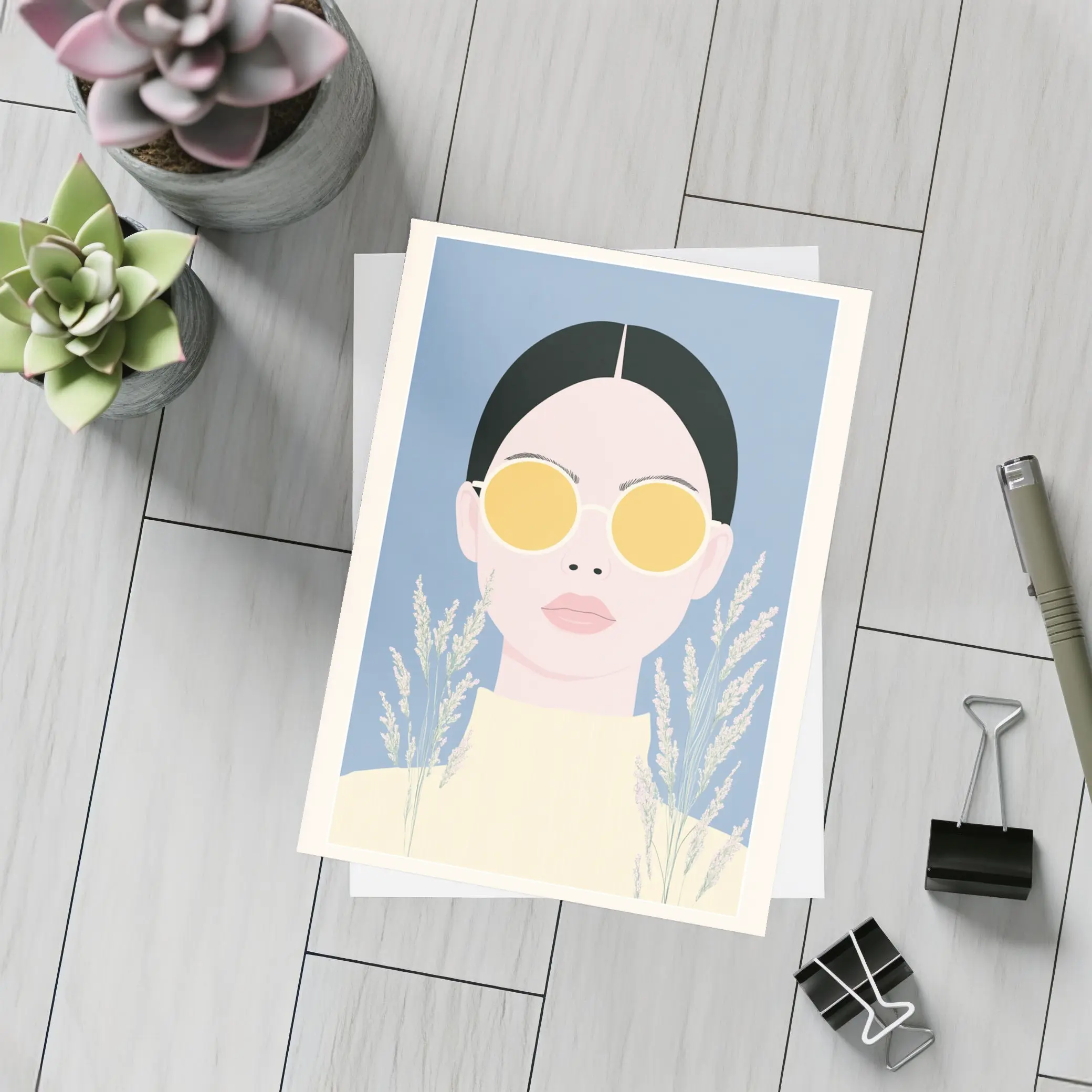 Minimalist Woman Portrait Yellow Sunglasses Blue Background – Postcards