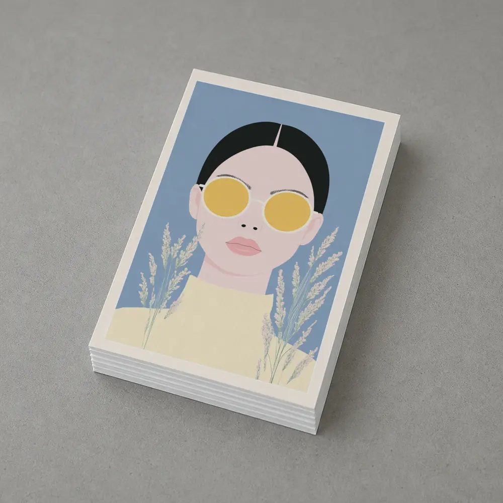Minimalist Woman Portrait Yellow Sunglasses Blue Background – Postcards