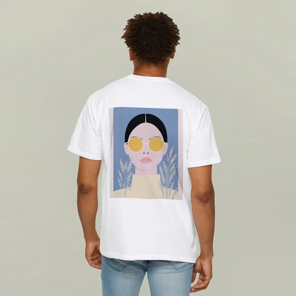Minimalist Woman Portrait Yellow Sunglasses Blue Background – T-Shirts