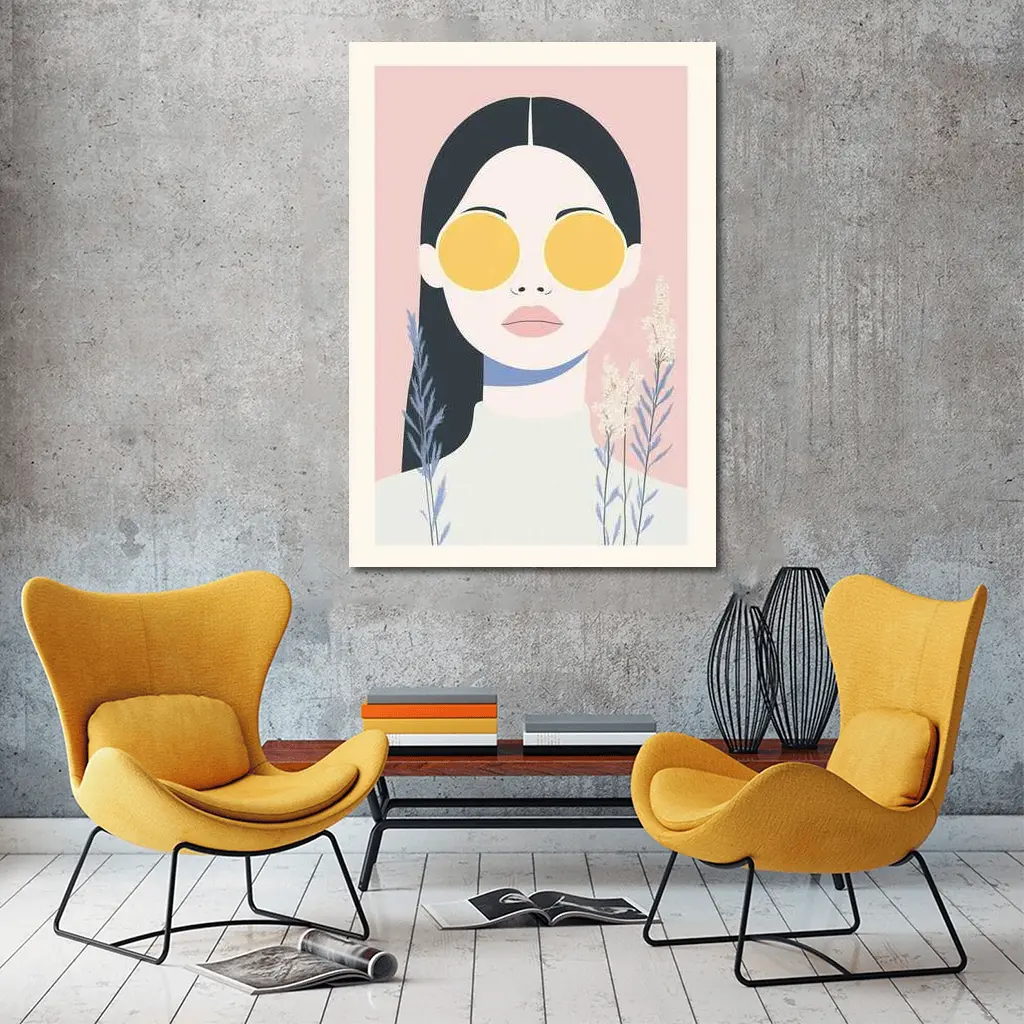 Minimalist Woman Portrait Yellow Sunglasses Pink – Wall Art