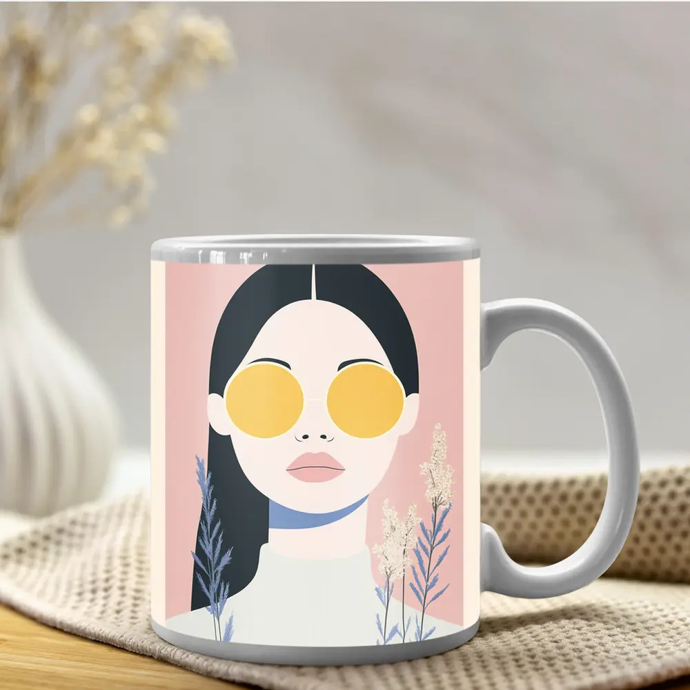Minimalist Woman Portrait Yellow Sunglasses Pink – Mugs