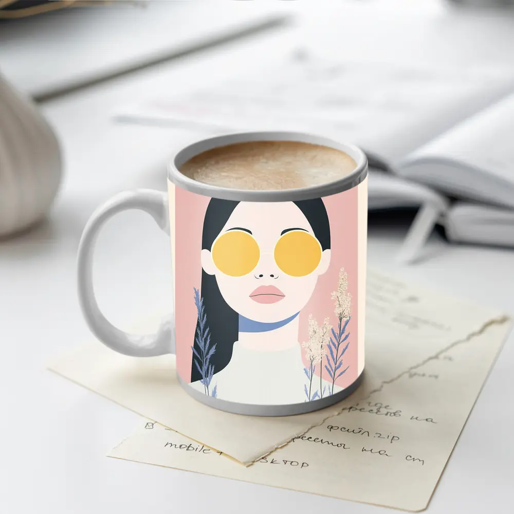 Minimalist Woman Portrait Yellow Sunglasses Pink – Mugs