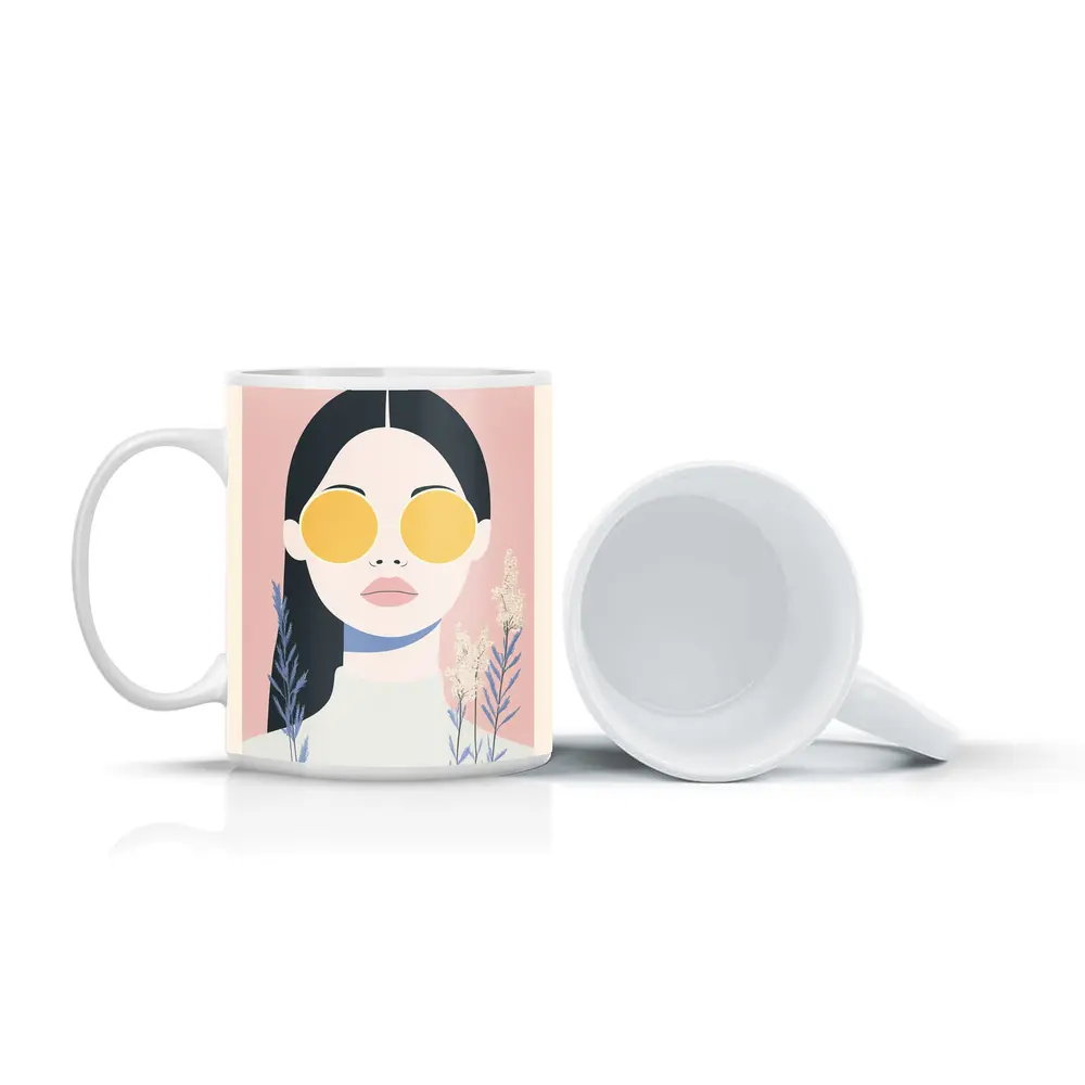 Minimalist Woman Portrait Yellow Sunglasses Pink – Mugs