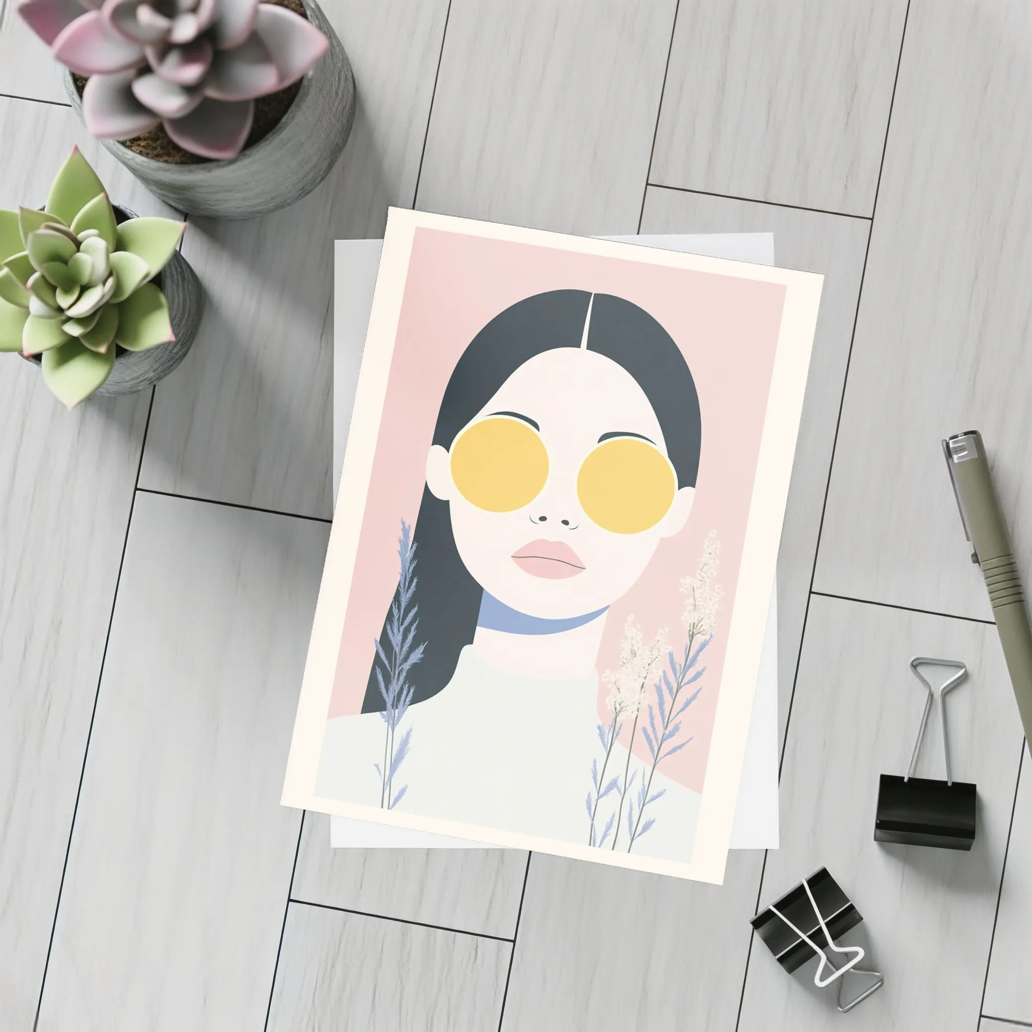 Minimalist Woman Portrait Yellow Sunglasses Pink – Postcards