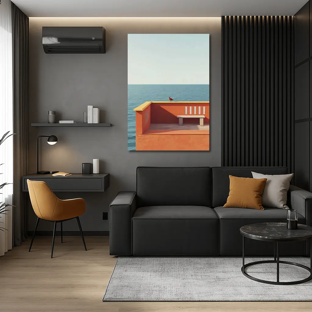Red Bird on Orange Terrace Ocean View – Wall Art
