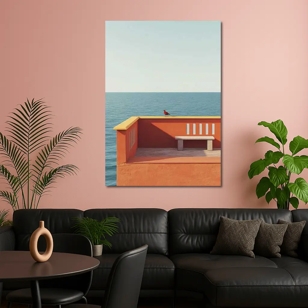 Red Bird on Orange Terrace Ocean View – Wall Art