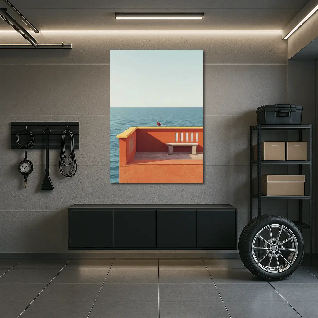 Red Bird on Orange Terrace Ocean View – Wall Art