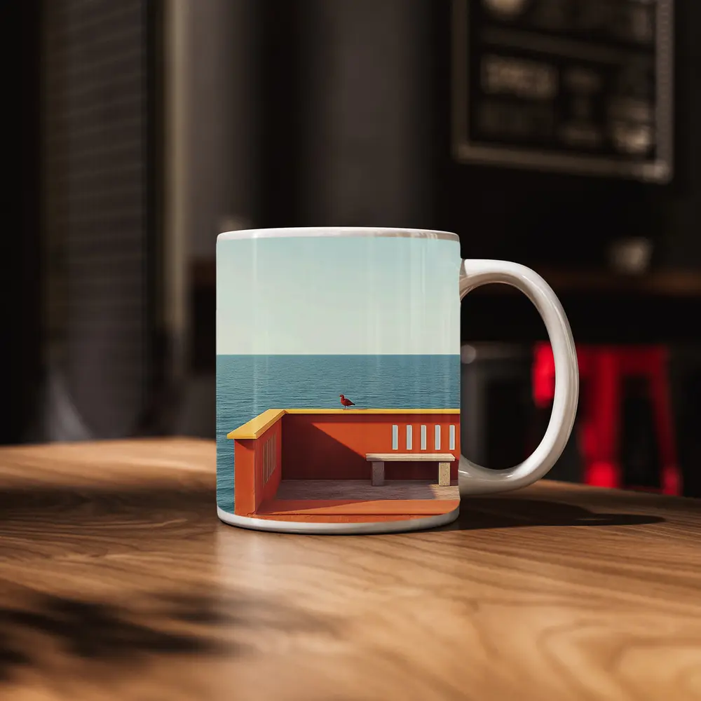 Red Bird on Orange Terrace Ocean View – Mugs