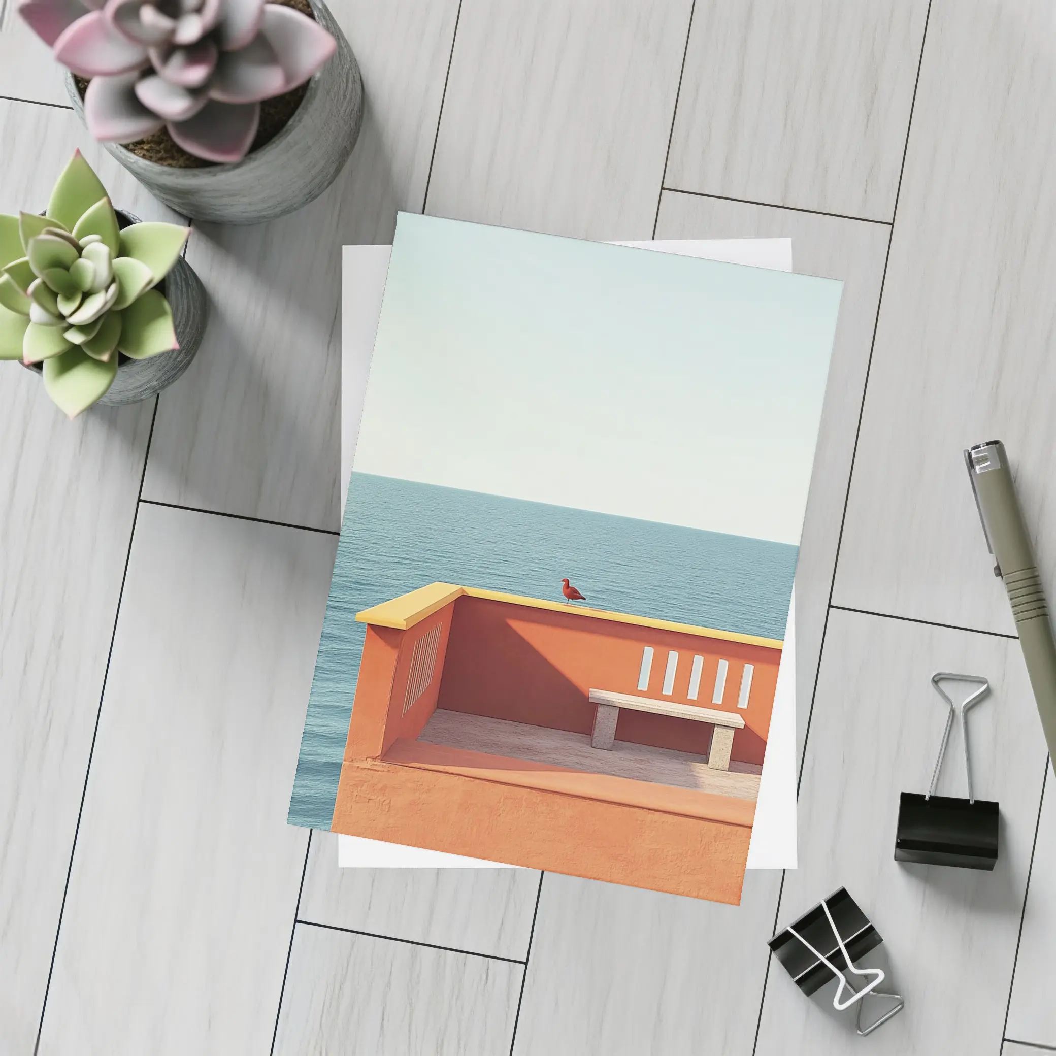 Red Bird on Orange Terrace Ocean View – Postcards