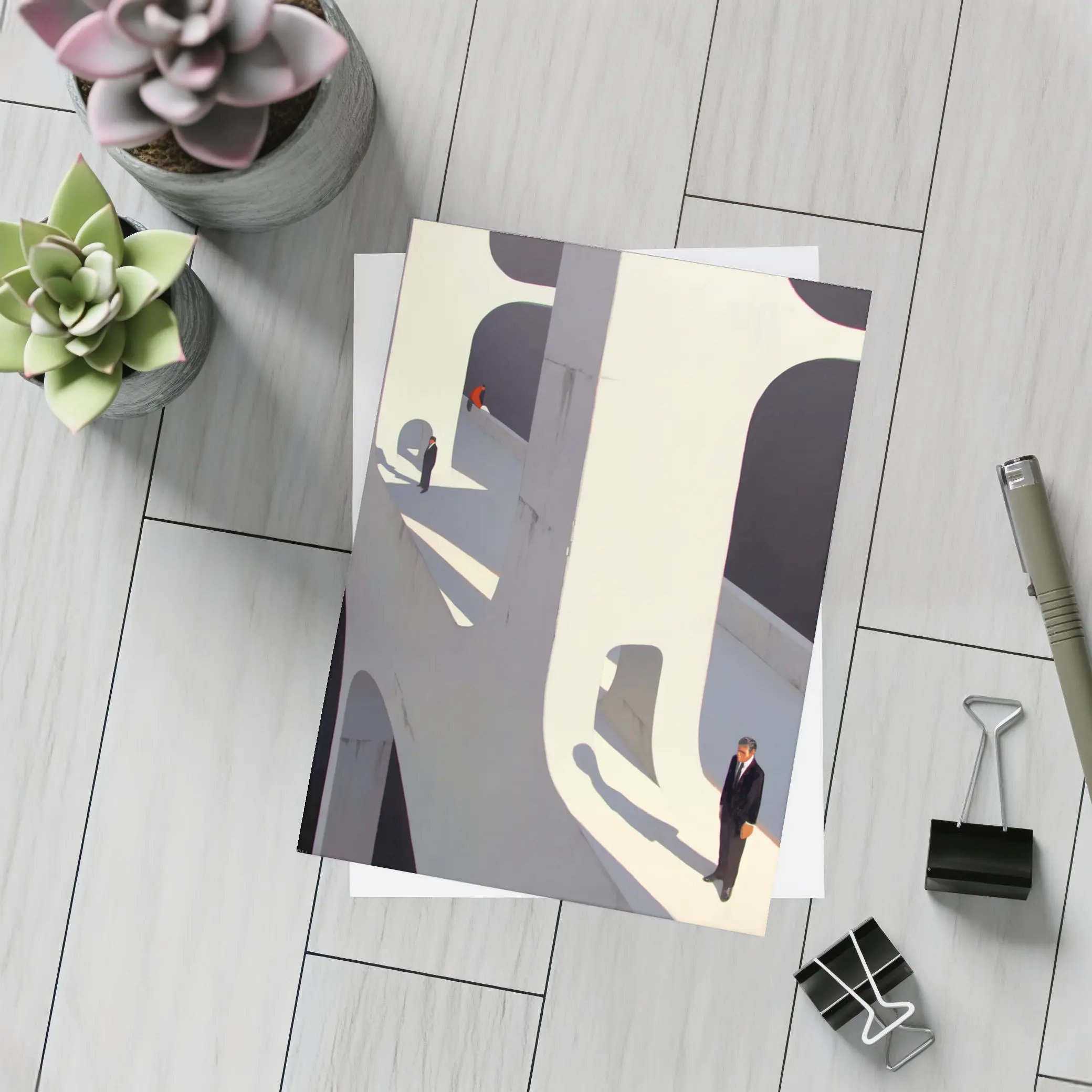 Surreal Architecture Men Standing Bold Shadows – Postcards