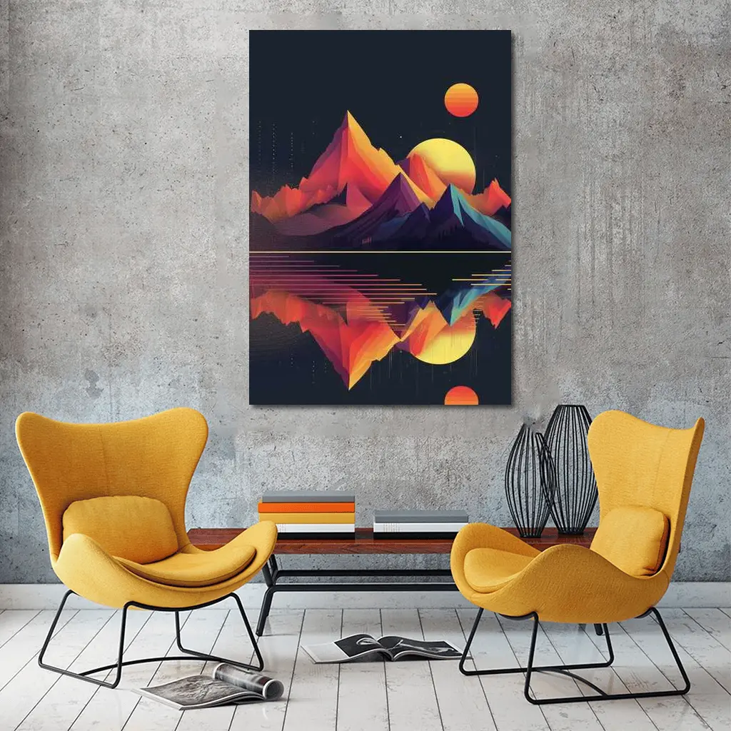 Geometric Mountain Reflection Retro Night Sky – Wall Art