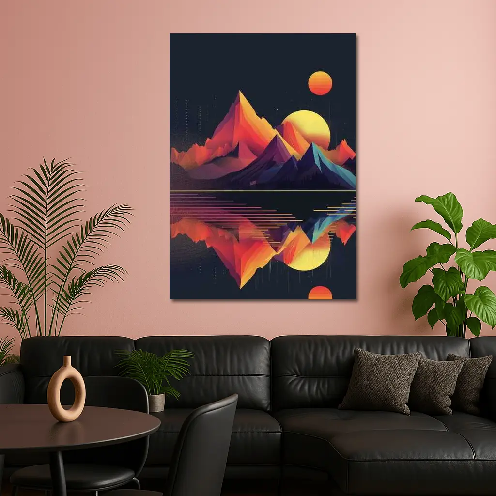 Geometric Mountain Reflection Retro Night Sky – Wall Art