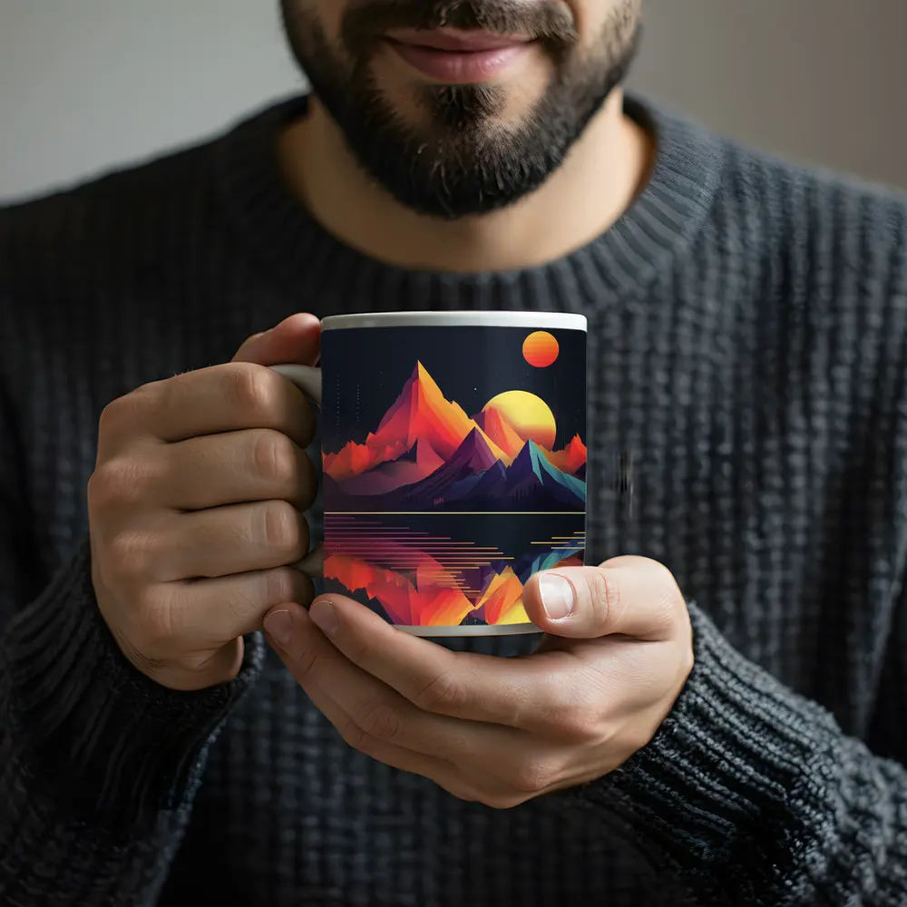 Geometric Mountain Reflection Retro Night Sky – Mugs