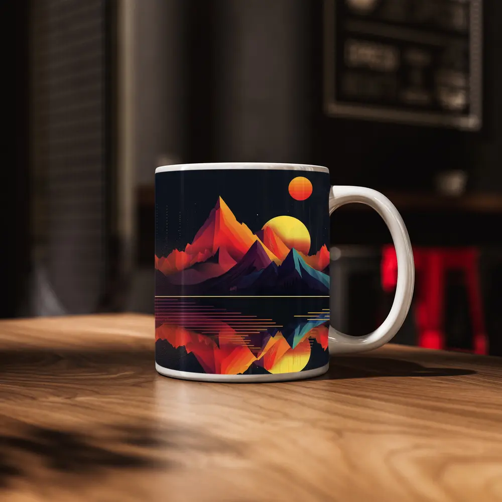Geometric Mountain Reflection Retro Night Sky – Mugs