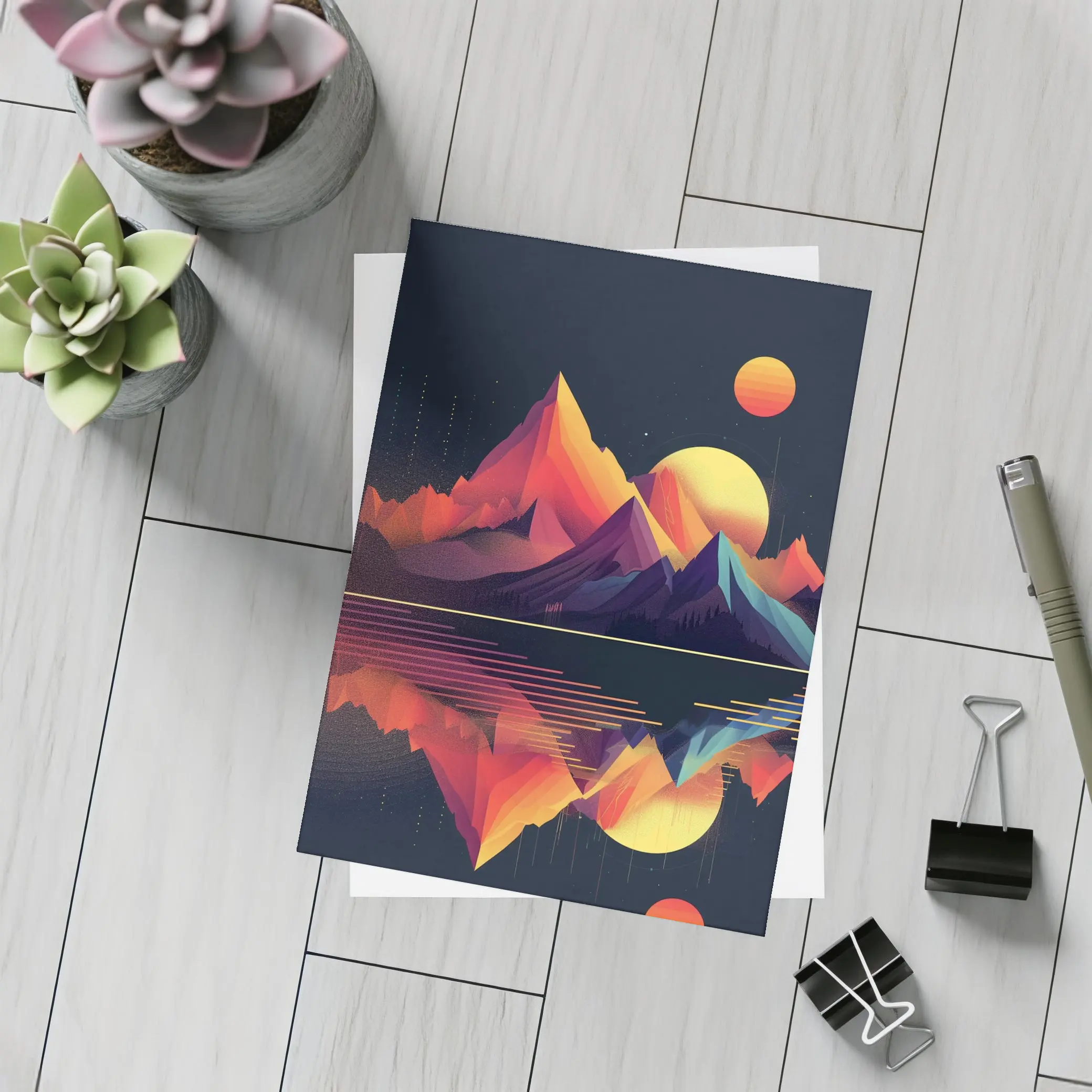 Geometric Mountain Reflection Retro Night Sky – Postcards